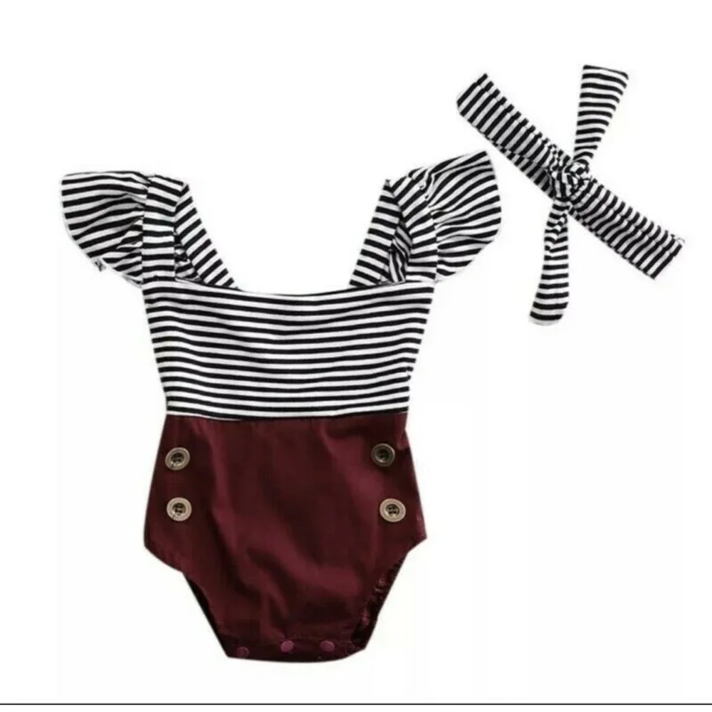 Toddler Baby Girl Boutique Romper Bodysuit Headband Outfit Set 9-12 Months NEW